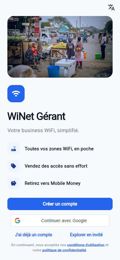 Écran d'entrée WiNet Gérant : créer un compte, continuer avec Google ou explorer en invité