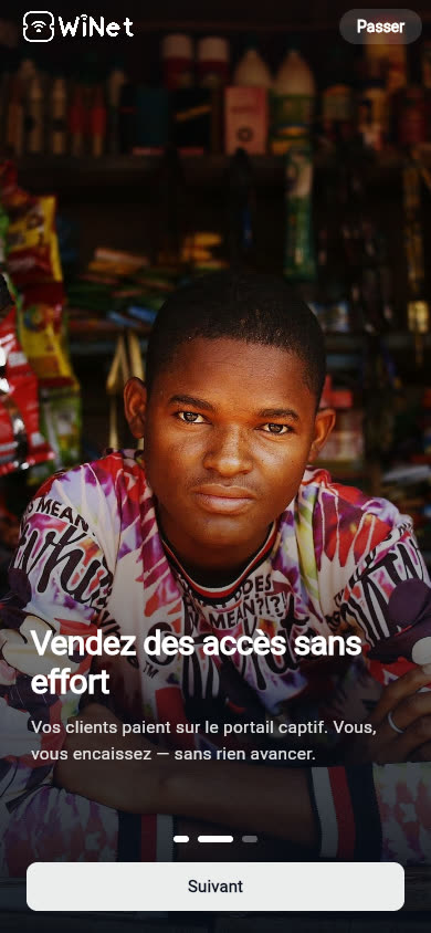 Écran d'introduction de l'application : « Vendez des accès sans effort », photo d'un commerçant devant sa boutique
