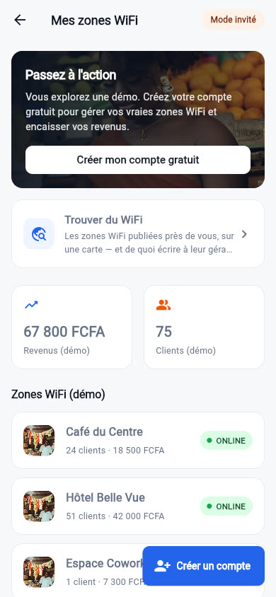 Tableau de bord du mode invité avec zones et revenus de démonstration, marqués « démo »